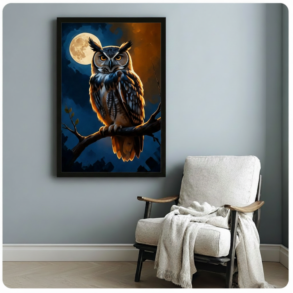 Great Horned Owl Full Moon Night Oil Painting Canvas Art