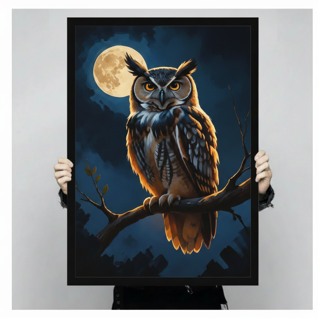Great Horned Owl Full Moon Night Oil Painting Canvas Art