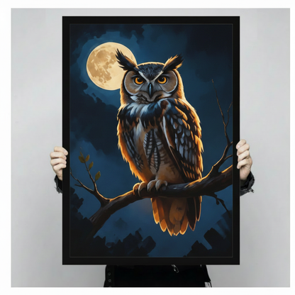 Great Horned Owl Full Moon Night Oil Painting Canvas Art