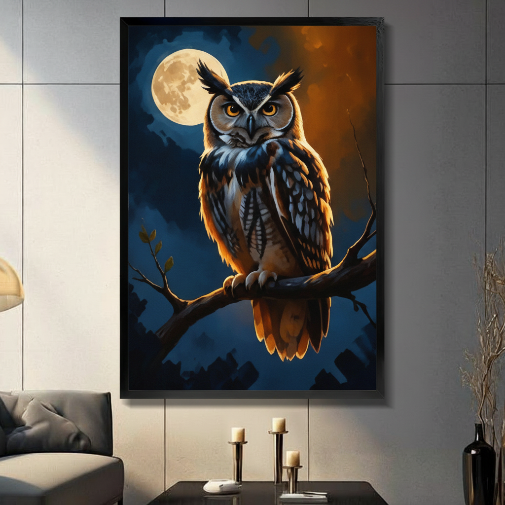 Great Horned Owl Full Moon Night Oil Painting Canvas Art