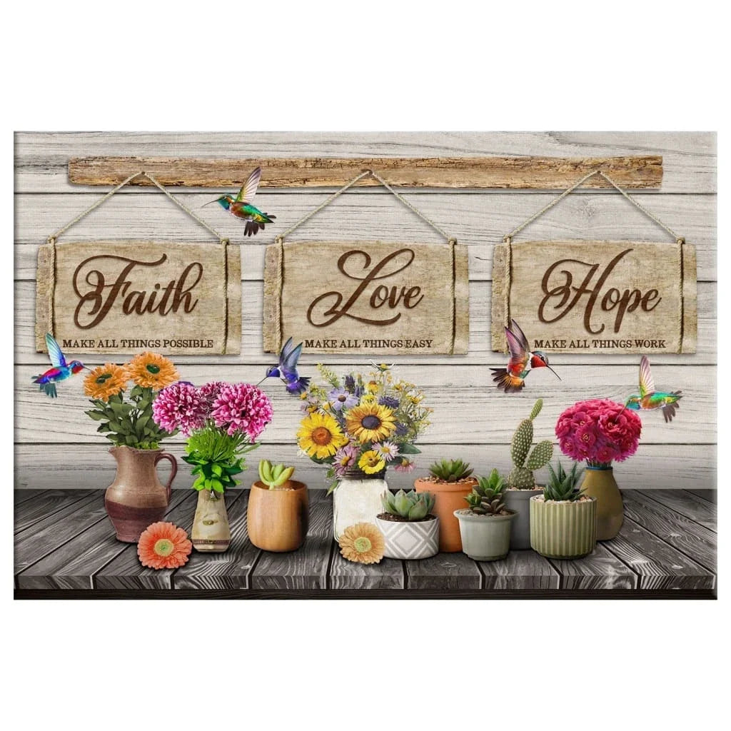 rustic christian wall art canvas faith love hope hummingbirds and flowers (Landscape)