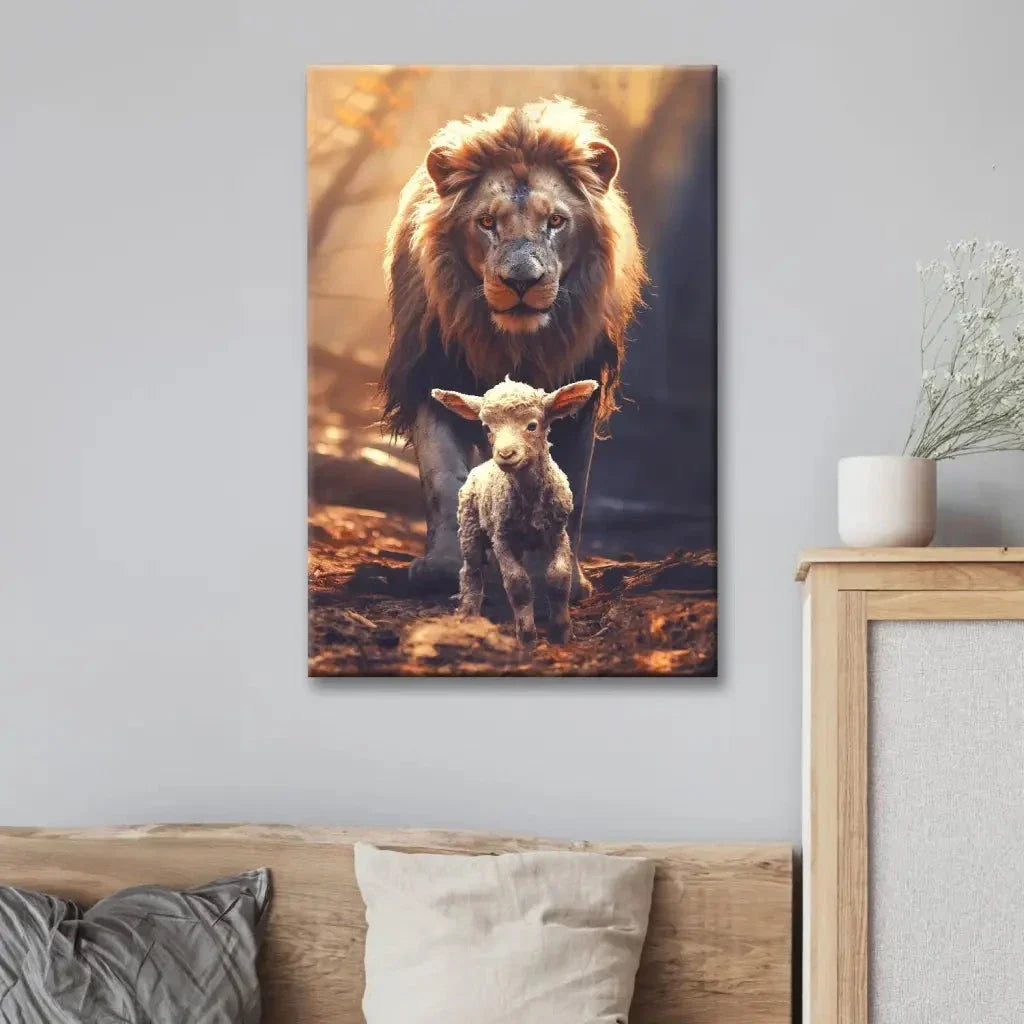 lion and lamb in the forest christian wall art canvas print (view 4)