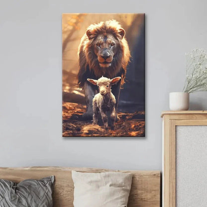 lion and lamb in the forest christian wall art canvas print (view 4)