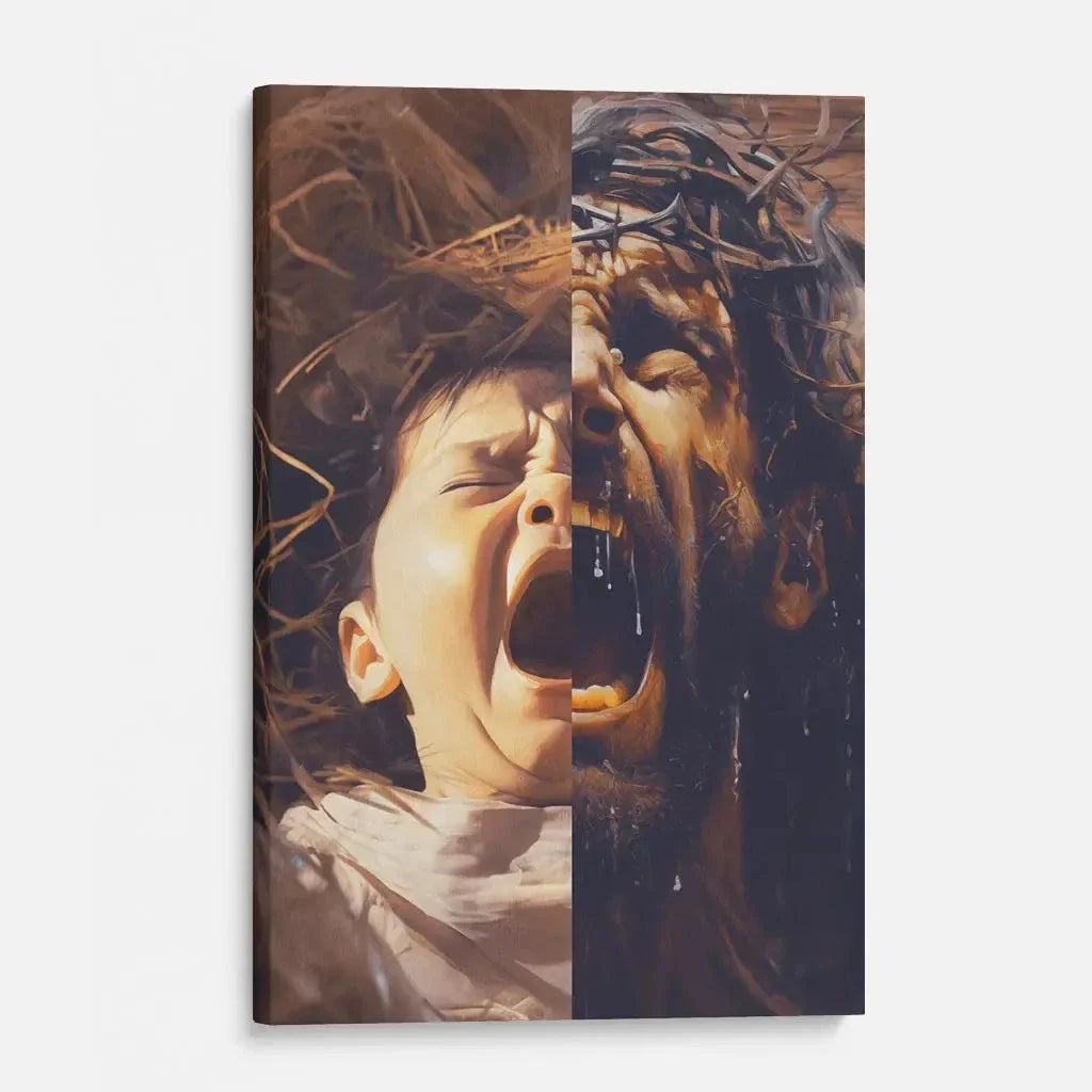 jesus as a baby and on the cross christian wall art canvas (Landscape) (view 3)
