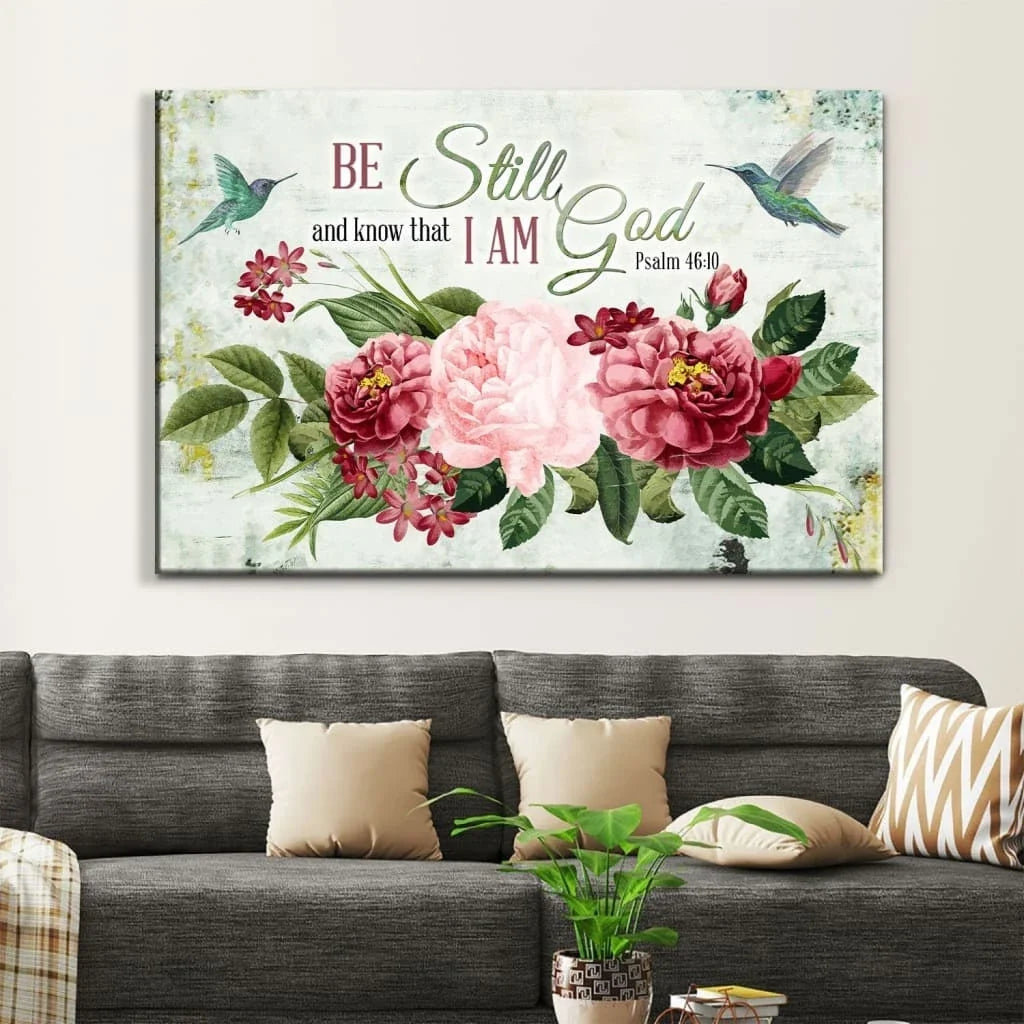 be still and know that i am god vintage flower hummingbird wall art canvas (view 5)