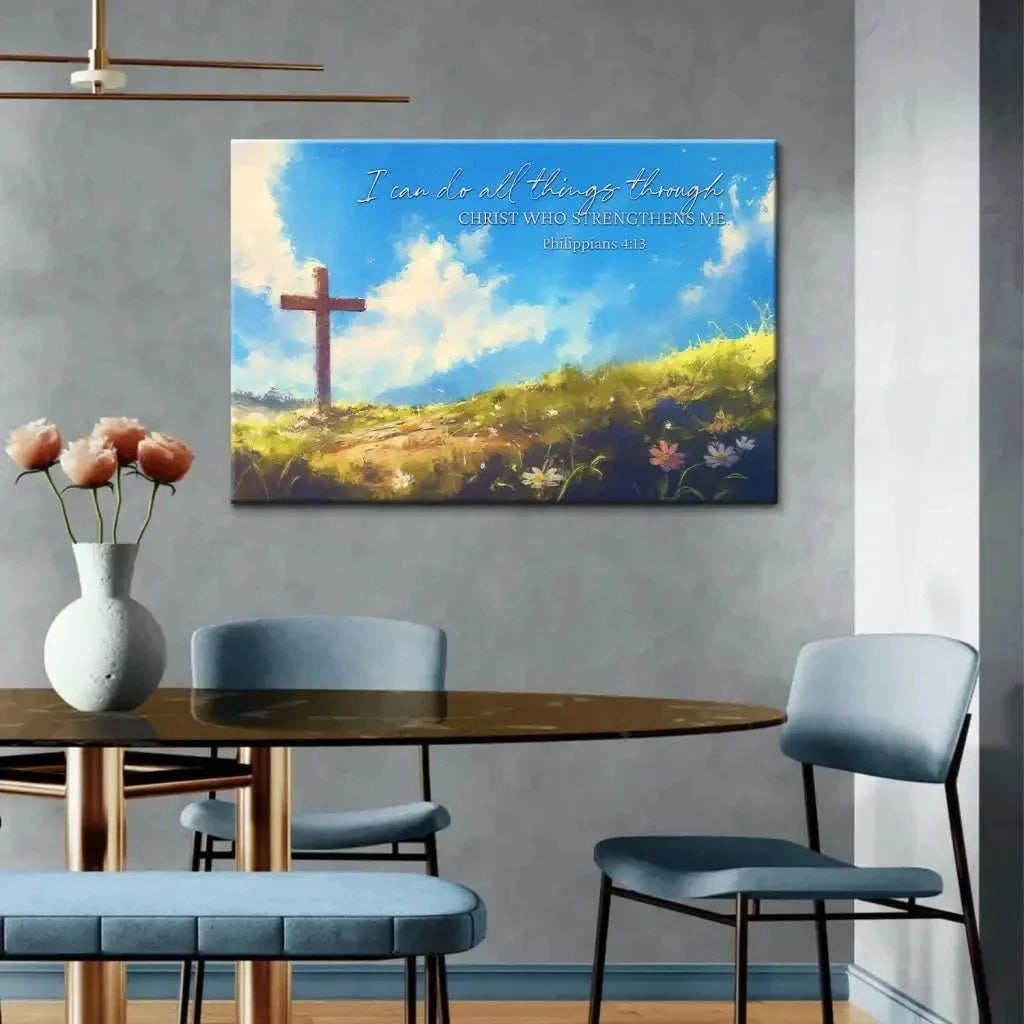 i can do all things through christ wooden cross philippians 4 13 wall art canvas print (Landscape) (view 4)