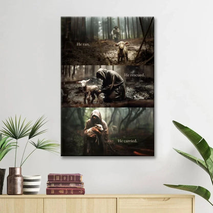he ran he rescued he carried jesus and lost sheep wall art canvas (view 2)