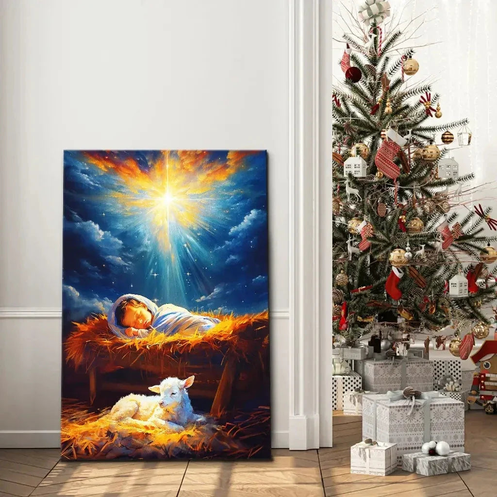 baby jesus with a lamb baby jesus in the manger wall art canvas (view 4)