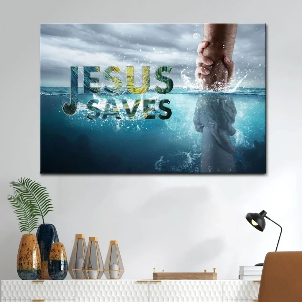 christian wall art jesus saves canvas jesus reaching out his hand (Landscape) (view 2)