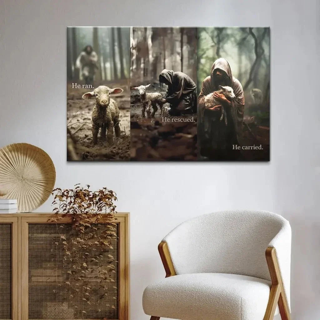 he ran he rescued he carried jesus and lost sheep wall art canvas (view 3)