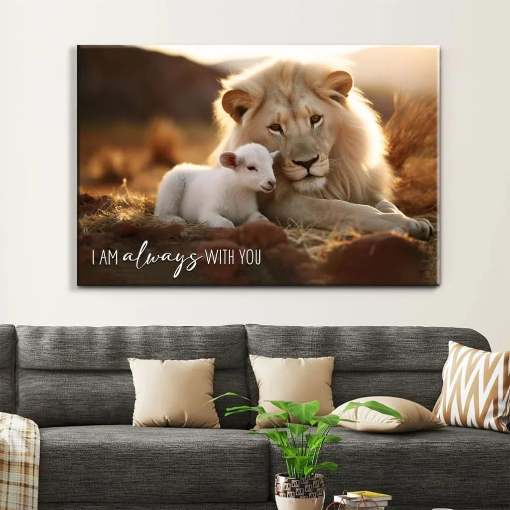 i am always with you lion and lamb christian wall art canvas (Landscape) (view 4)