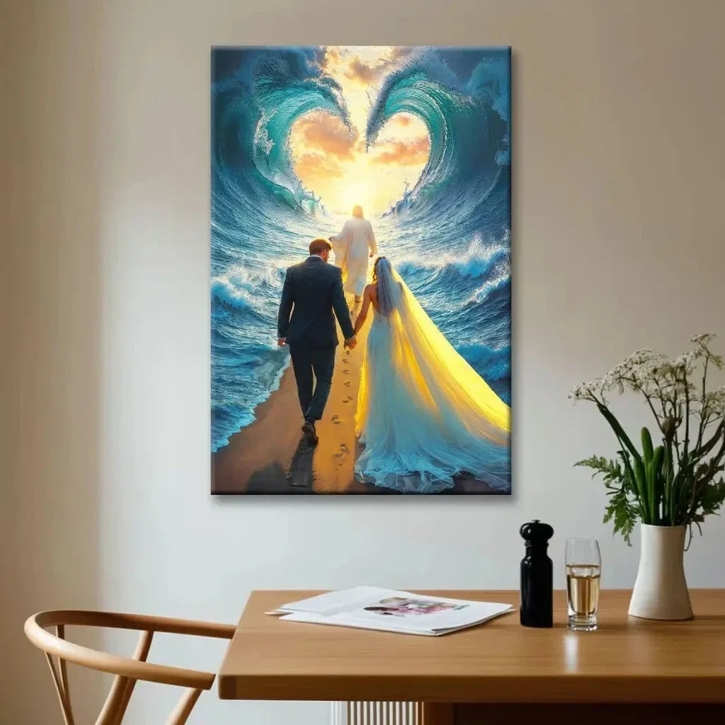 jesus leading a married couple through parted sea wall art canvas (view 5)
