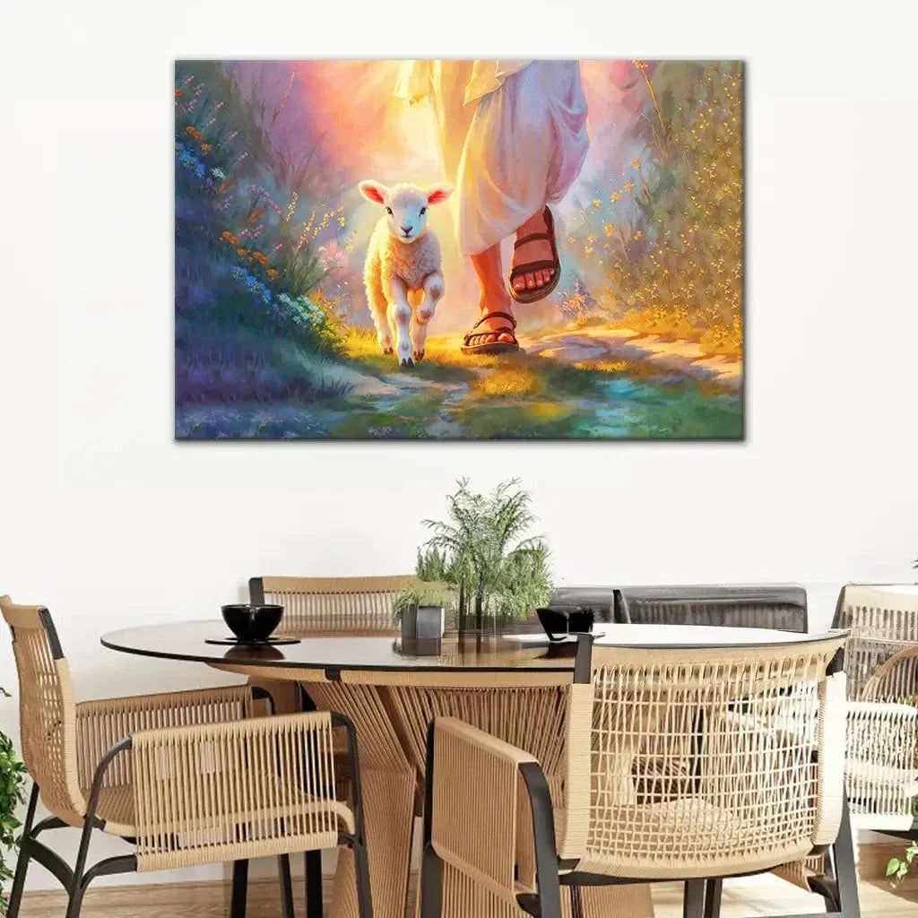 jesus walking with lamb wall art canvas (Landscape) (view 4)