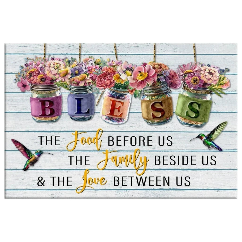 bless the food before us canvas flowers hanging in jars christian wall art (Landscape) (view 3)