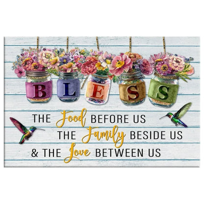 bless the food before us canvas flowers hanging in jars christian wall art (Landscape) (view 3)