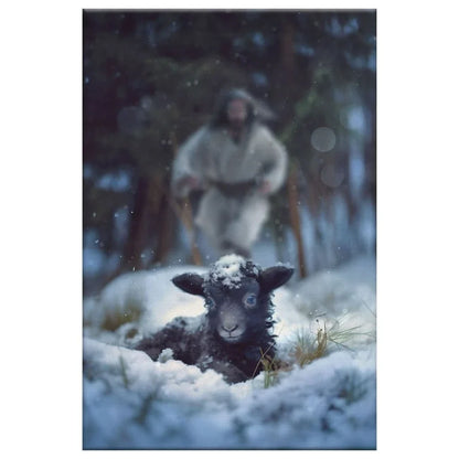 jesus running to rescue a lost sheep in a snowy forest wall art canvas (Landscape) (view 3)