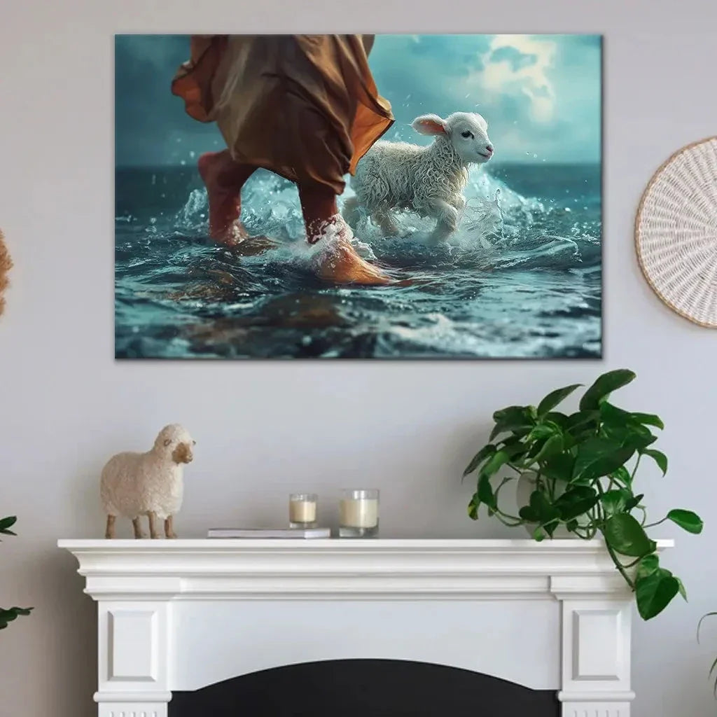 jesus walk on water with a lamb jesus and lamb wall art canvas (Landscape) (view 3)