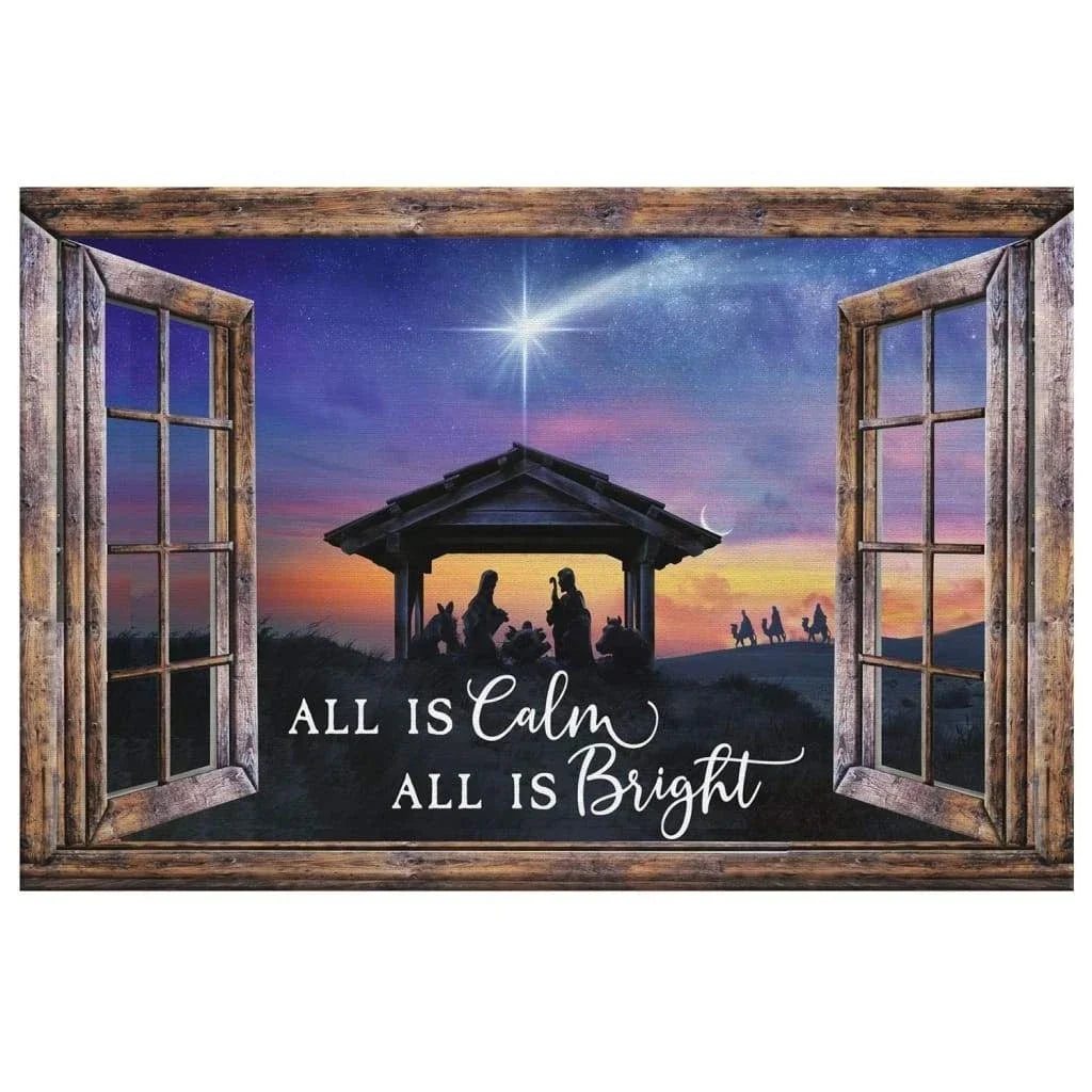 christian christmas gifts all is calm all is bright jesus born christmas wall art canvas (Landscape) (view 3)