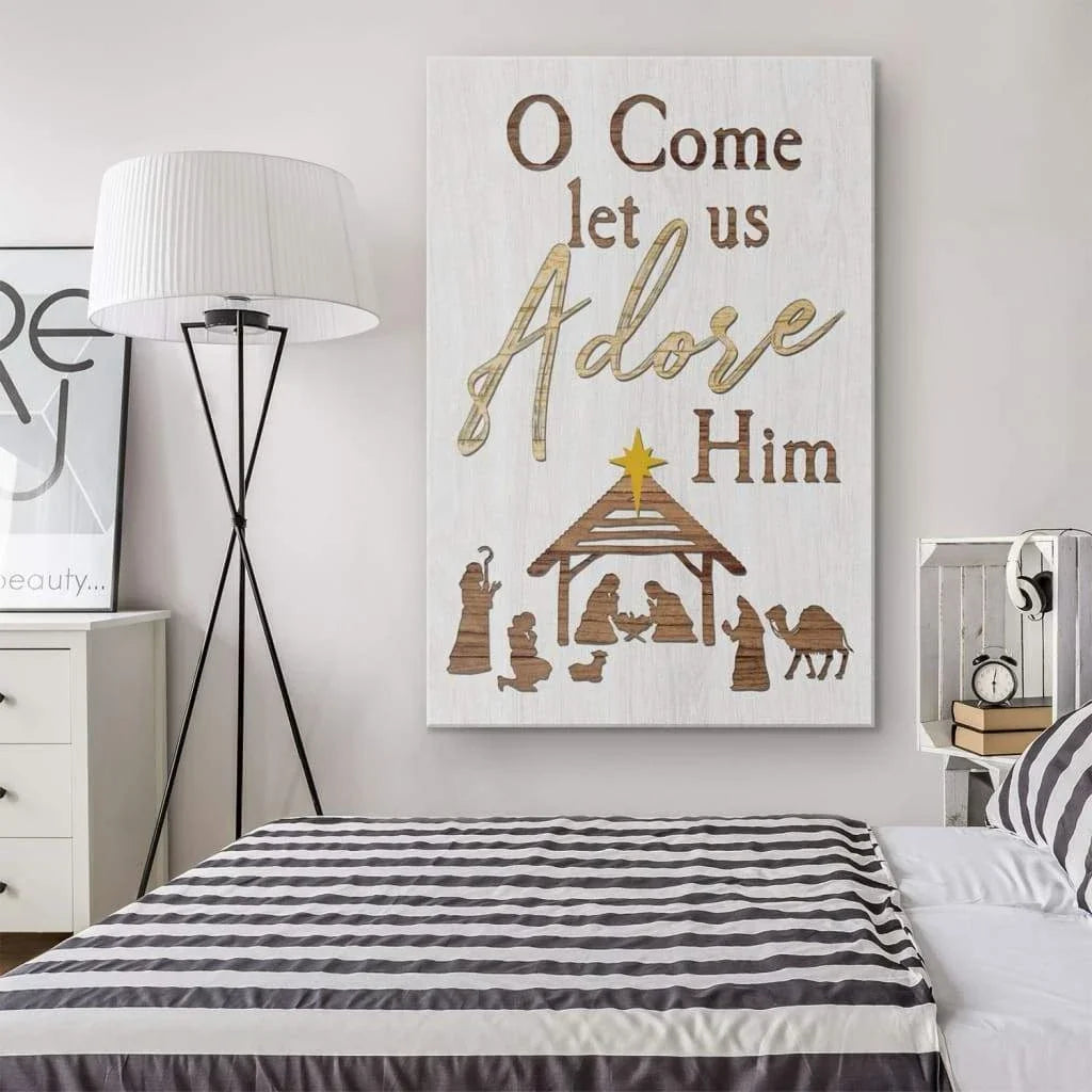 o come let us adore him nativity of jesus christian christmas wall art (Landscape) (view 7)