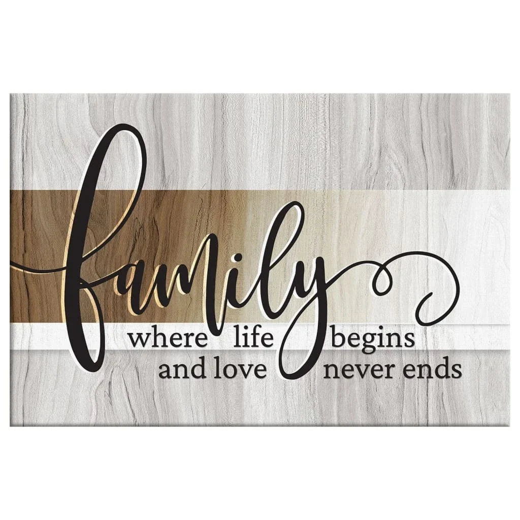 family where life begins and love never ends rustic christian wall art canvas (Landscape) (view 3)