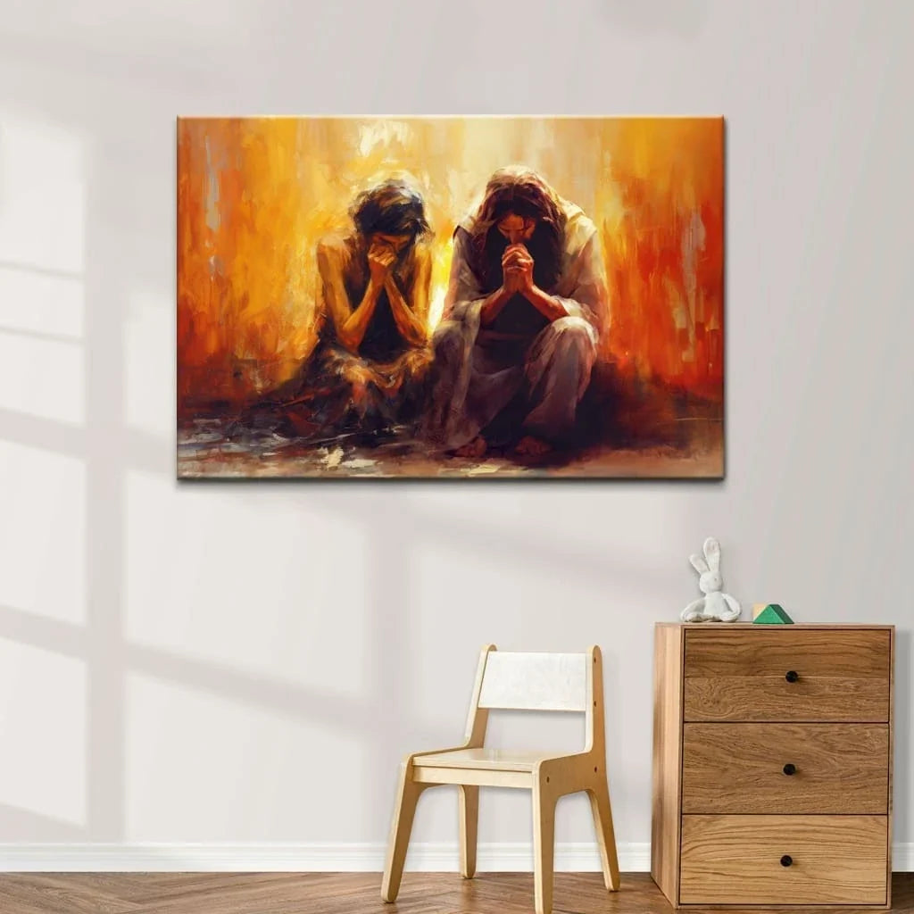 women and jesus praying wall art canvas print (Landscape) (view 3)