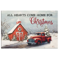 all hearts come home for christmas red barn and car christmas tree wall art canvas (Landscape)