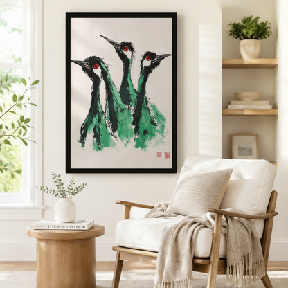 Chinese Ink Crane Trio Oriental Canvas Wall Art