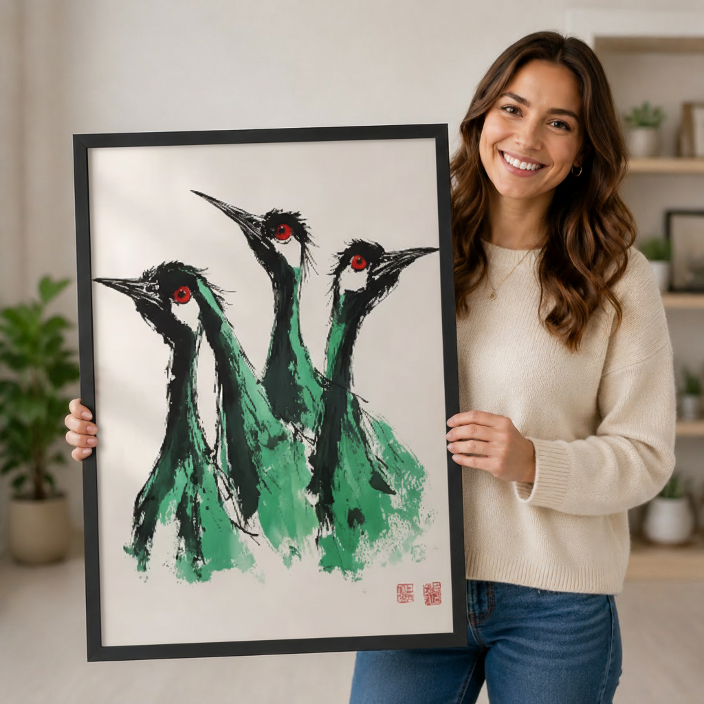 Chinese Ink Crane Trio Oriental Canvas Wall Art