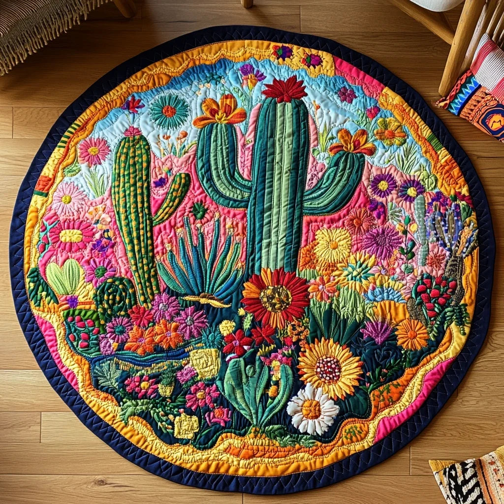 Green Succulent Sanctuary Quilted Round Mat