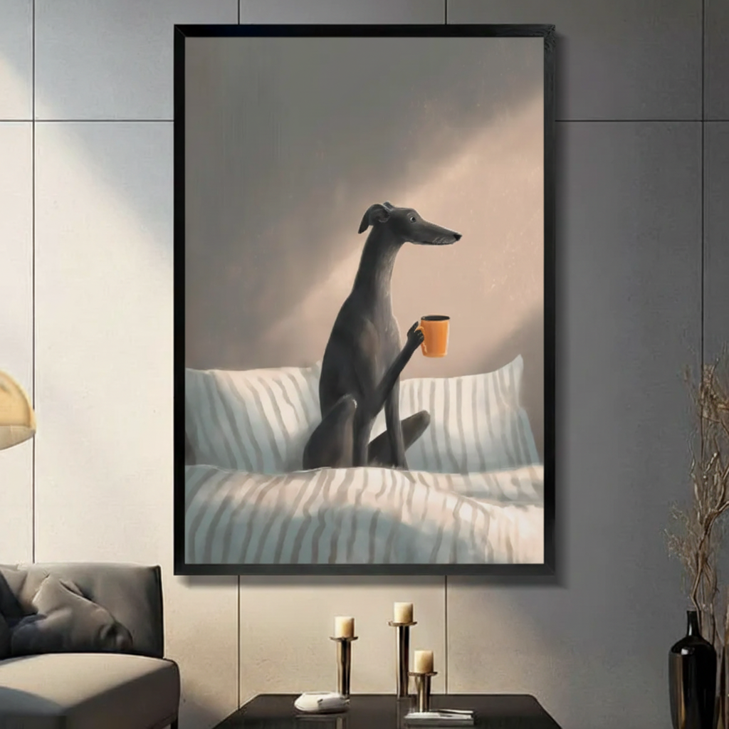 Greyhound Morning Coffee Cozy Dog Canvas Art Wall Art