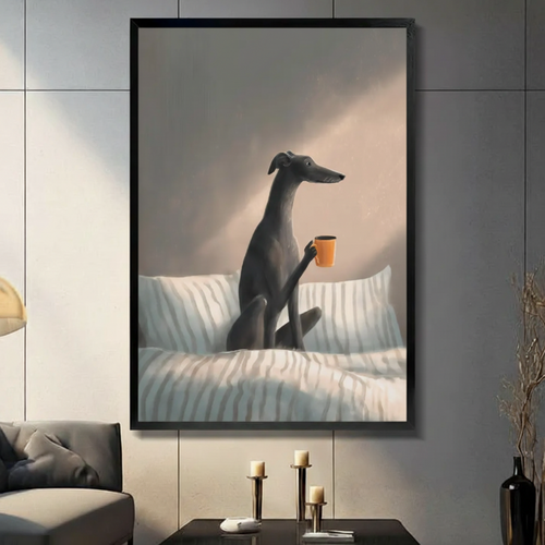 Greyhound Morning Coffee Cozy Dog Canvas Art Wall Art