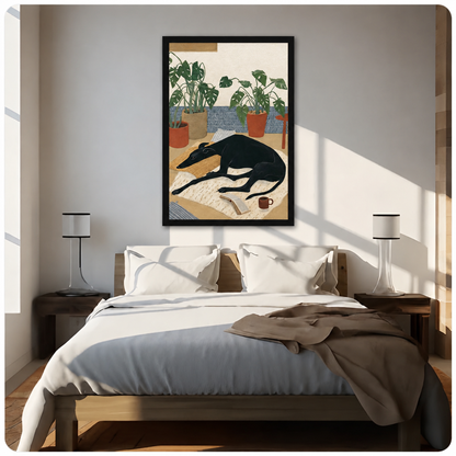 Cozy Greyhound Monstera Illustration Canvas Wall Art