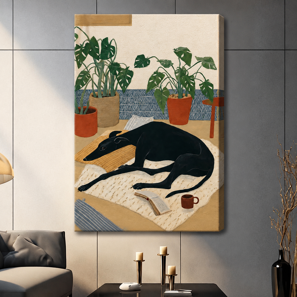 Cozy Greyhound Monstera Illustration Canvas Wall Art