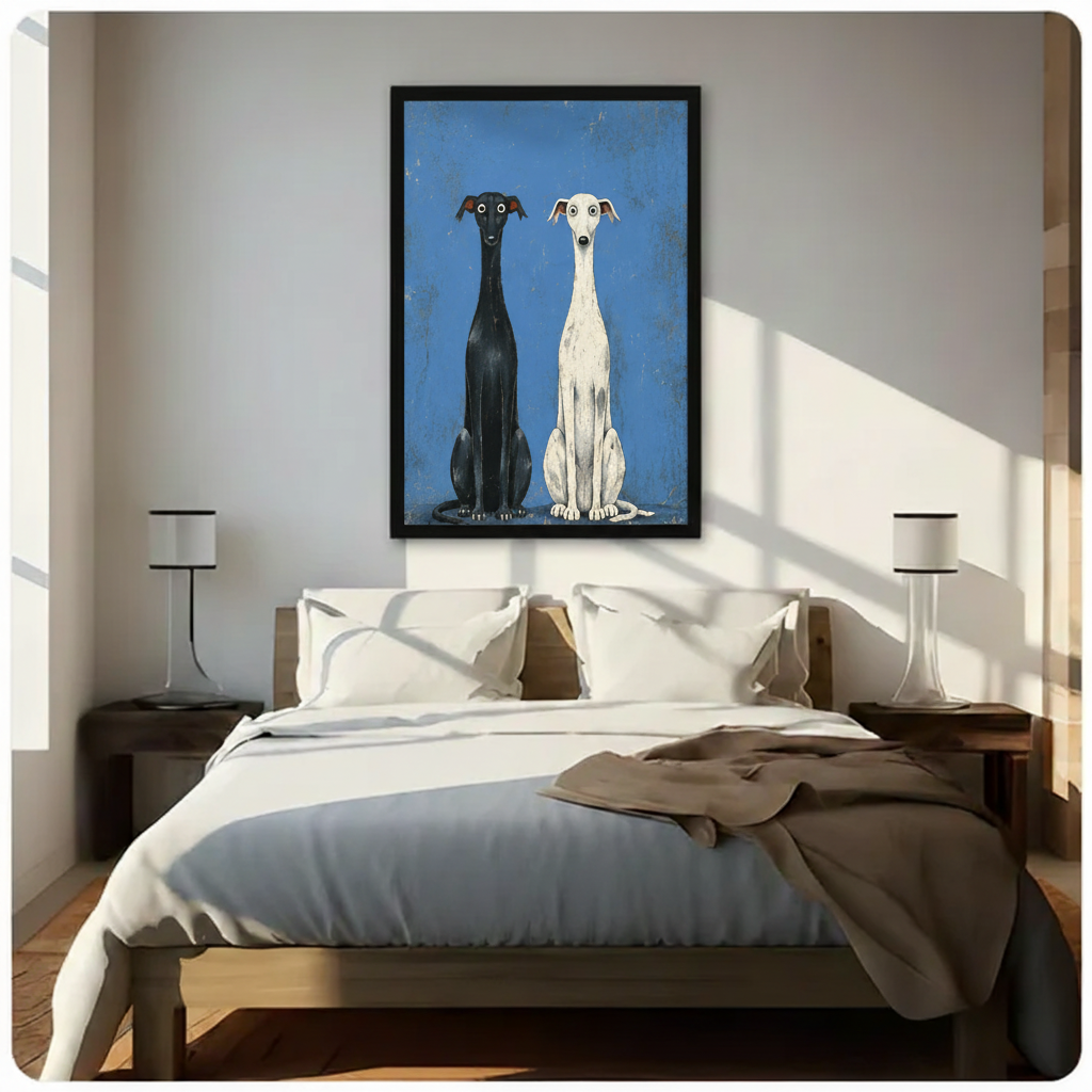 Whimsical Black White Greyhound Duo Canvas Art