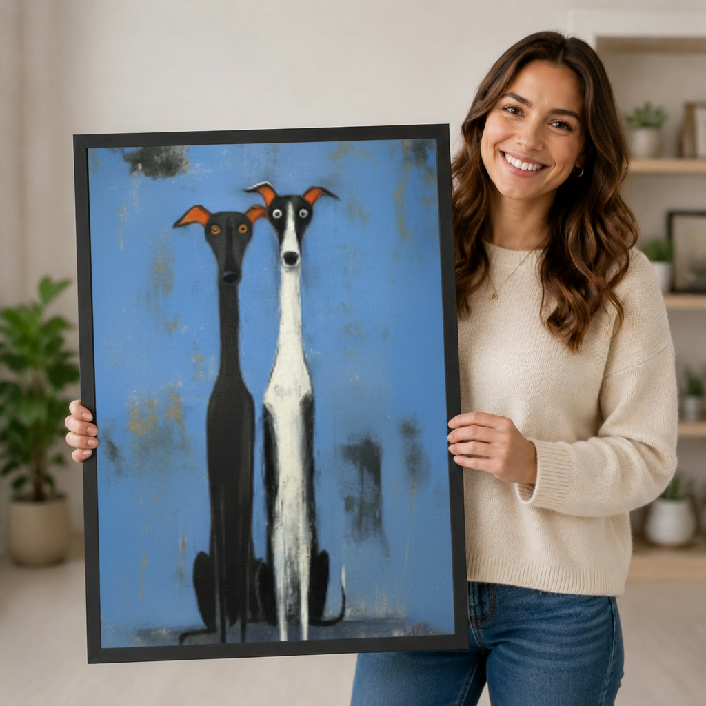 Whimsical Greyhound Duo Folk Art Canvas Print