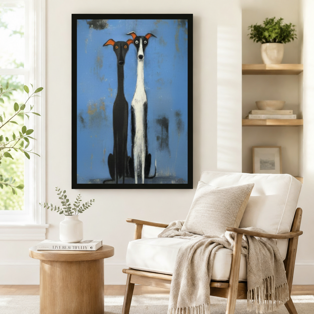 Whimsical Greyhound Duo Folk Art Canvas Print