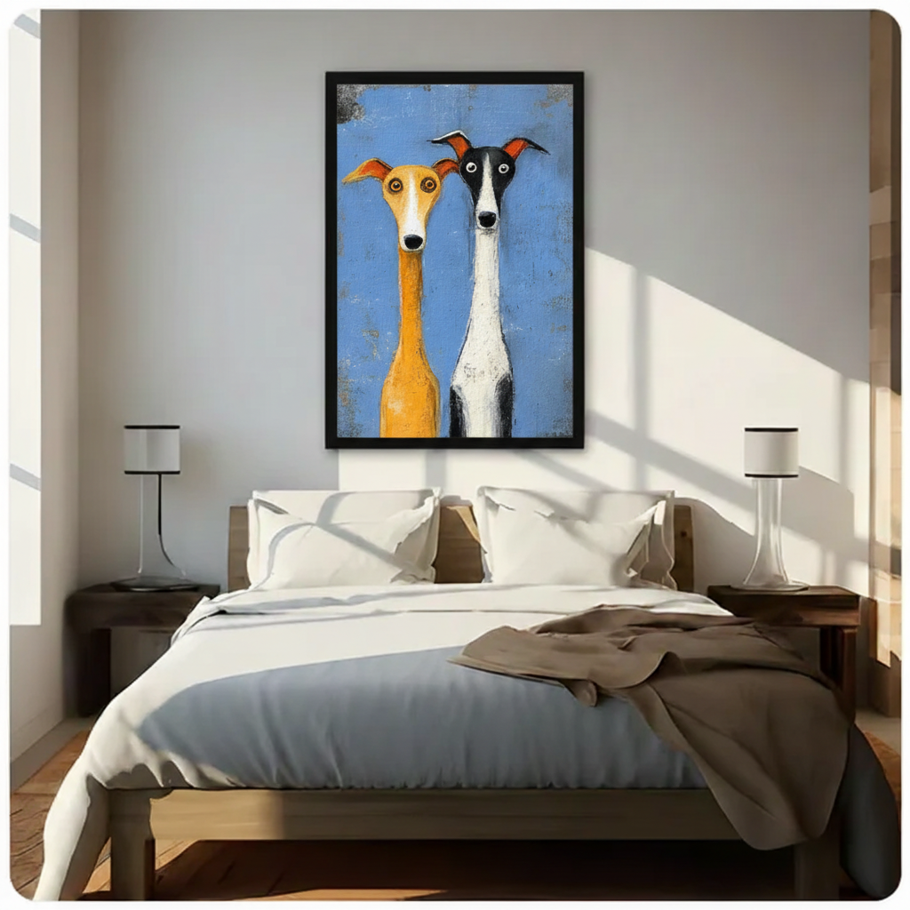 Whimsical Greyhound Duo Folk Art Canvas Print