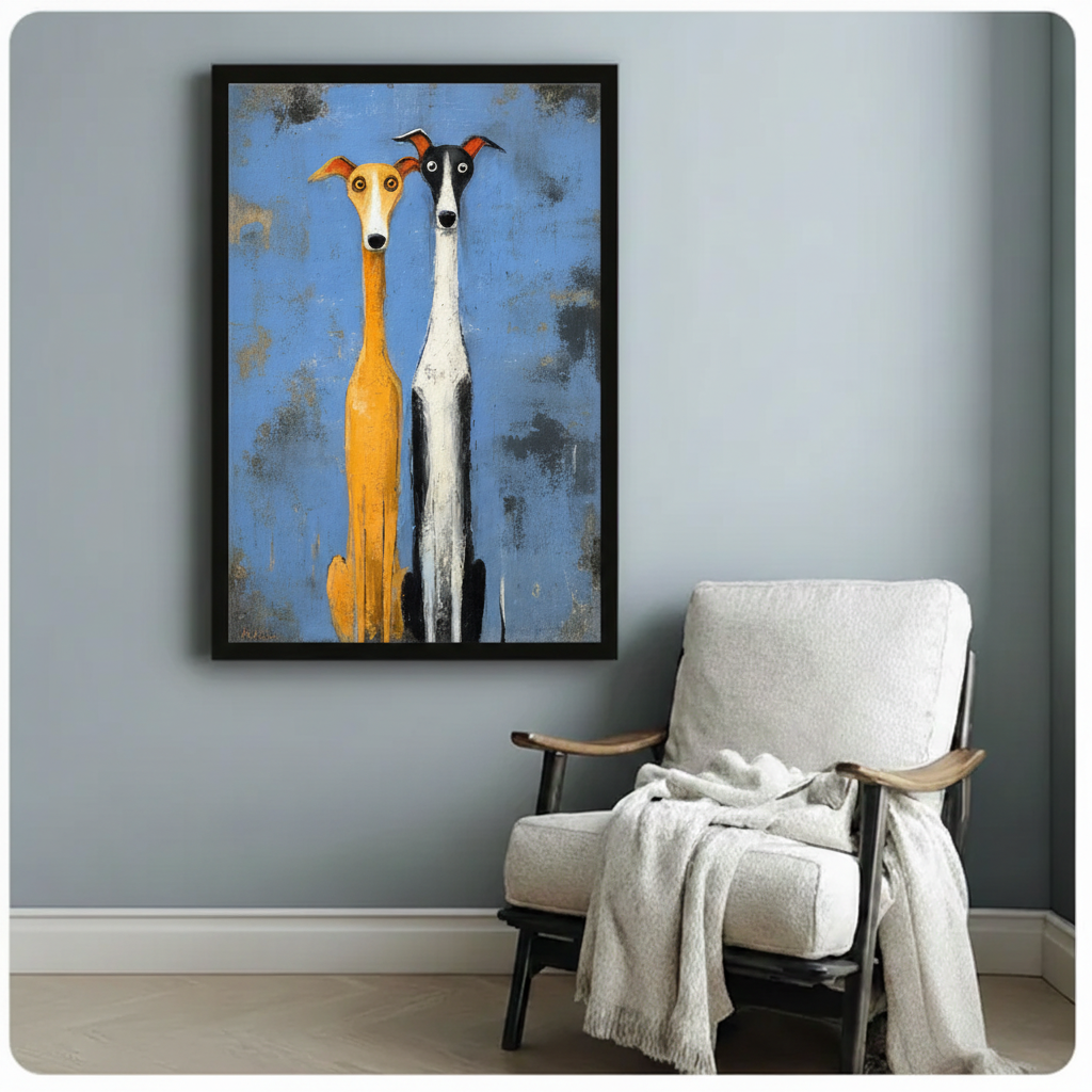 Whimsical Greyhound Duo Folk Art Canvas Print