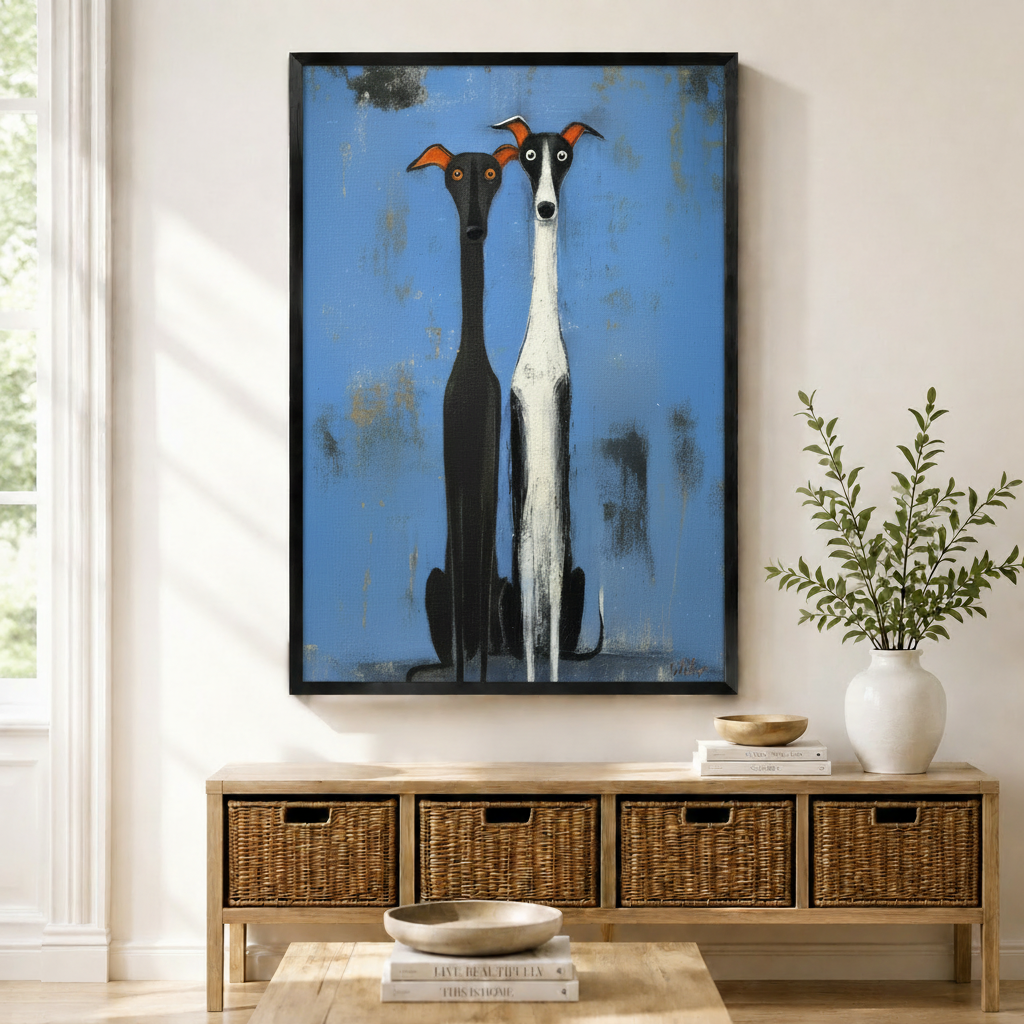 Whimsical Greyhound Duo Folk Art Canvas Print