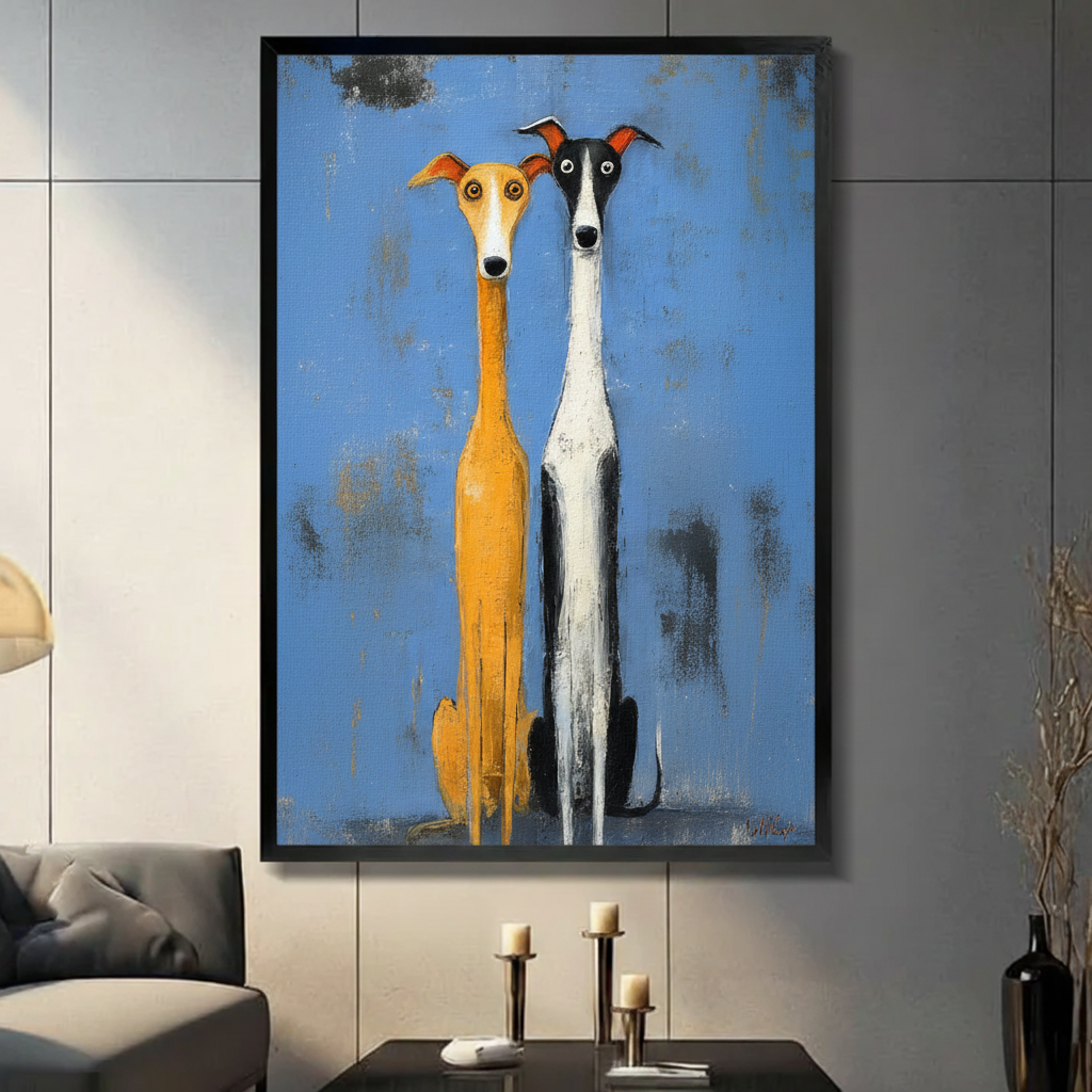 Whimsical Greyhound Duo Folk Art Canvas Print