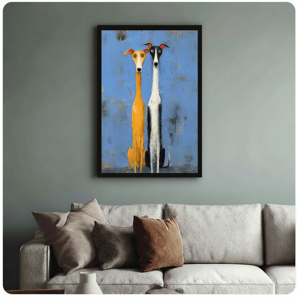 Whimsical Greyhound Duo Folk Art Canvas Print