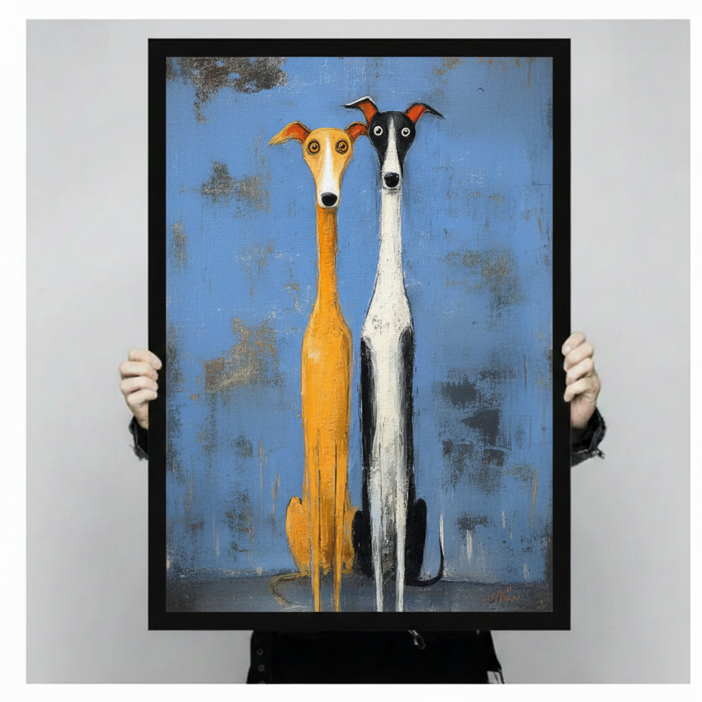 Whimsical Greyhound Duo Folk Art Canvas Print