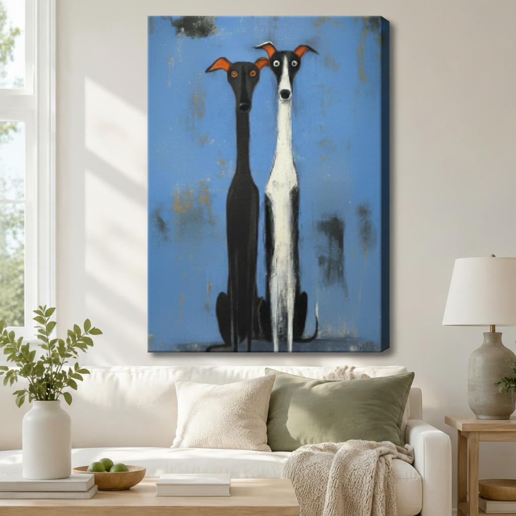 Whimsical Greyhound Duo Folk Art Canvas Print