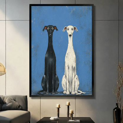 Whimsical Black White Greyhound Duo Canvas Art