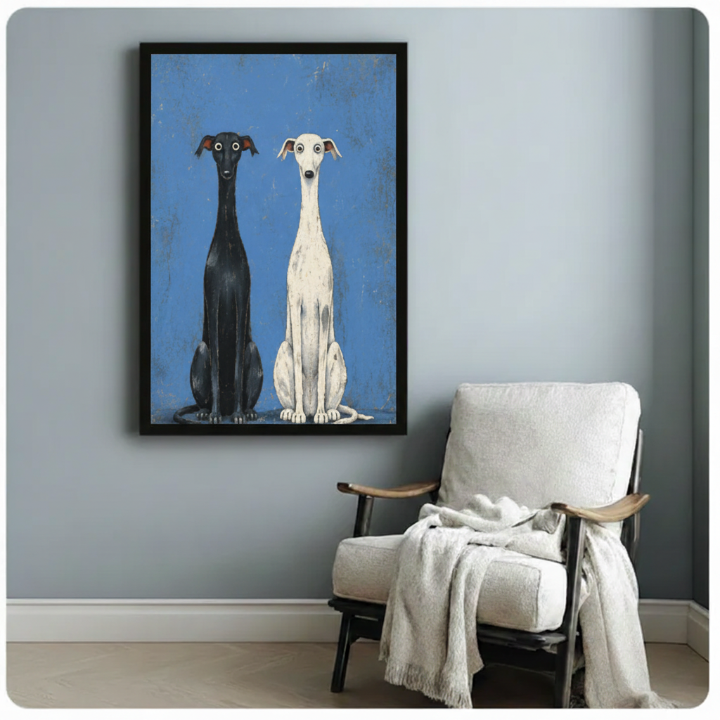 Whimsical Black White Greyhound Duo Canvas Art