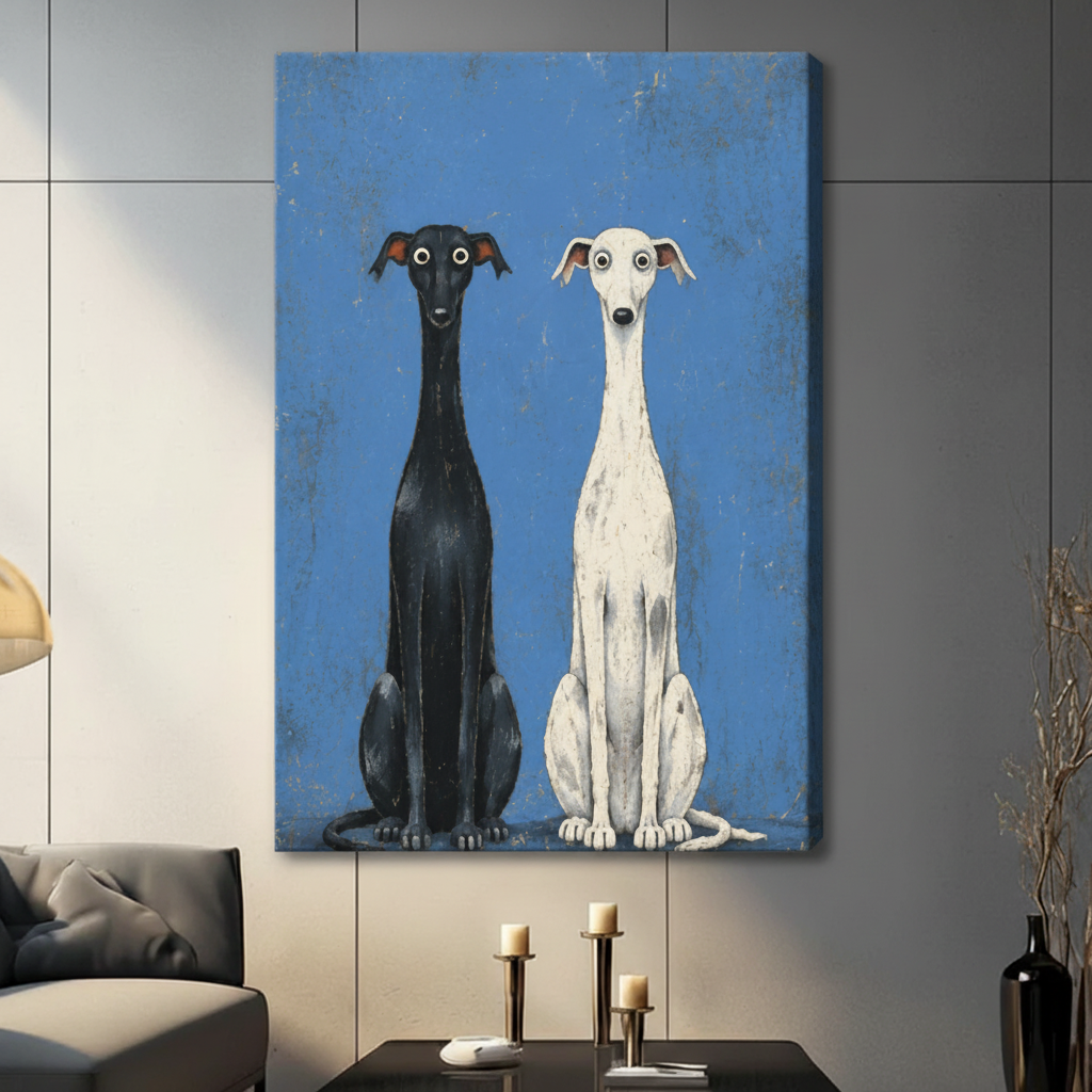 Whimsical Black White Greyhound Duo Canvas Art