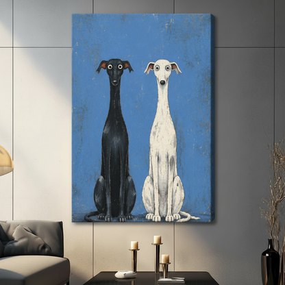 Whimsical Black White Greyhound Duo Canvas Art
