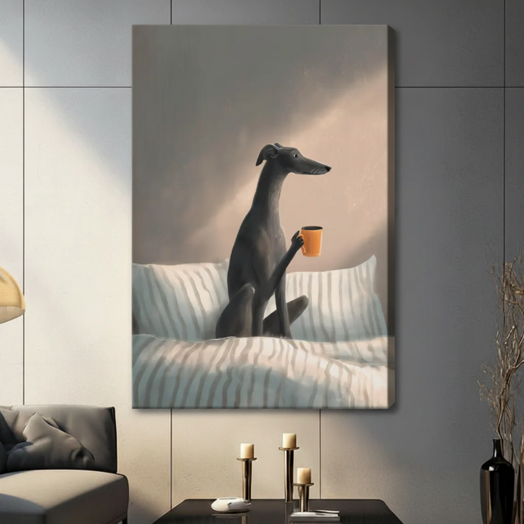 Greyhound Morning Coffee Cozy Dog Canvas Art Wall Art