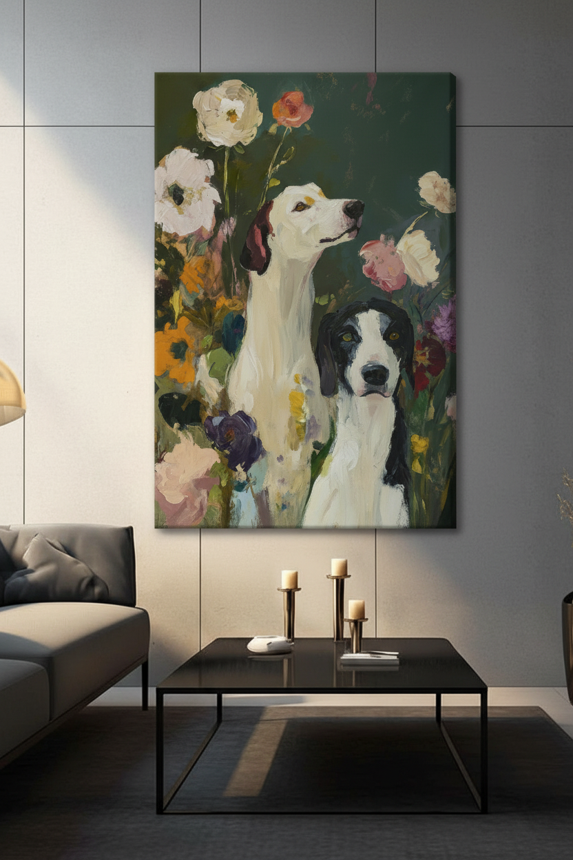 Two Dogs in Bloom Floral Oil Canvas Art Wall Art