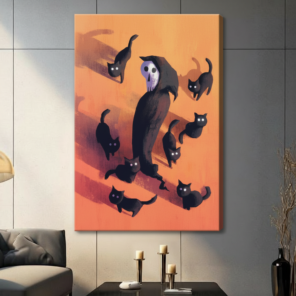 Grim Reaper Black Cats Halloween Canvas Wall Art